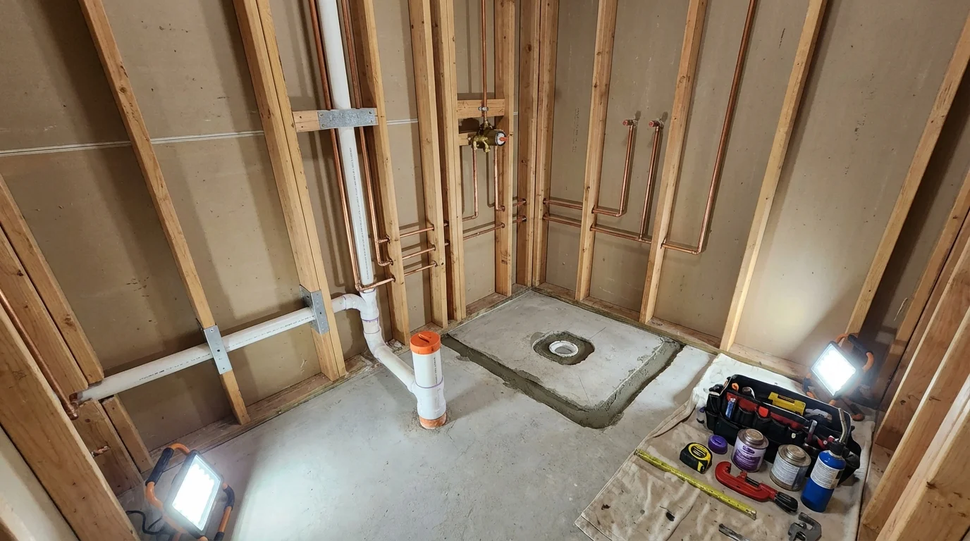 Bathroom rough-in plumbing during remodel by Johns Plumbing LLC in Mount Rainier