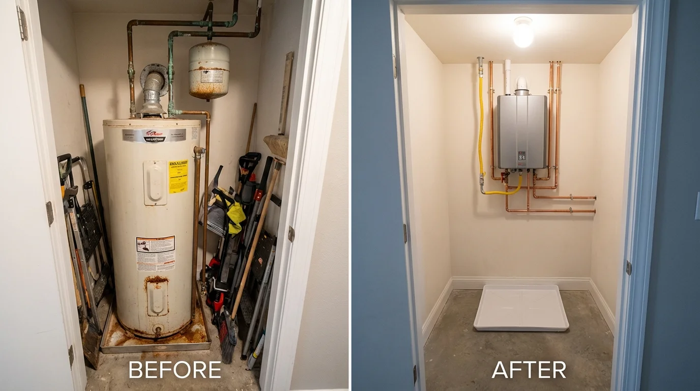 Tank water heater versus wall-mounted tankless unit comparison for Mount Rainier, MD homeowners