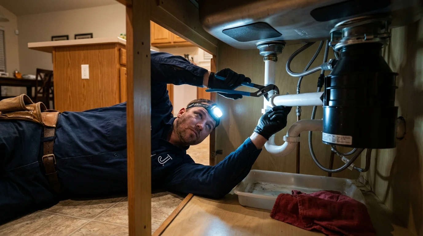 P-trap and supply line connections under a kitchen sink showing a common leak point in Mount Rainier, MD